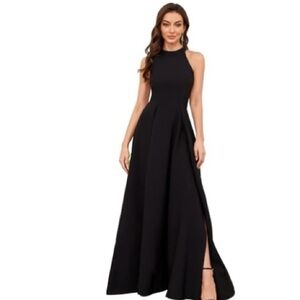 Elegant halter neck Black Evening Gown with two high slit, size small